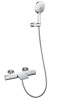 Дополнительные свойства: система ToccoFreddo, двухрежимный ручной душ, гибкий полимерный шланг с защитой от залома и гладкой поверхностью Комплектация: термостатический смеситель настенного монтажа, ручной душ, гибкий полимерный шланг, эксцентрики, чаши д