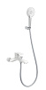 Дополнительные свойства: двухрежимный ручной душ, гибкий полимерный шланг с защитой от залома и гладкой поверхностью, аэратор с ограничением расхода воды, керамический картридж Комплектация: смеситель настенного монтажа, ручной душ, гибкий полимерный шлан