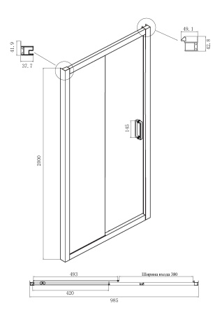 Душевая дверь в нишу Ambassador Forsa 17021216AB 100x200, стекло прозрачное, черный профиль