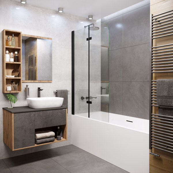 Шторка на ванну Grossman GR-106/100 Black (100x150), прозрачное стекло