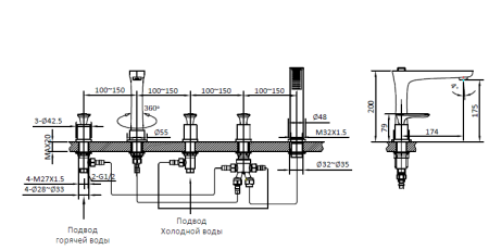 Смеситель для ванны на 5 отверстий AltroBagno Aperto 020102 Cr