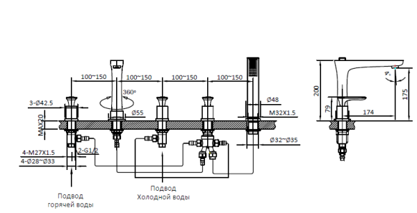 Смеситель для ванны на 5 отверстий AltroBagno Aperto 020102 Cr