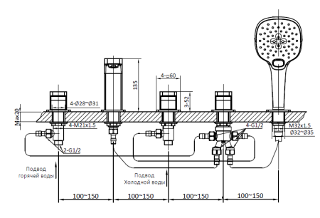 Смеситель на борт ванной с душем AltroBagno Lamberto 020106 NeOp